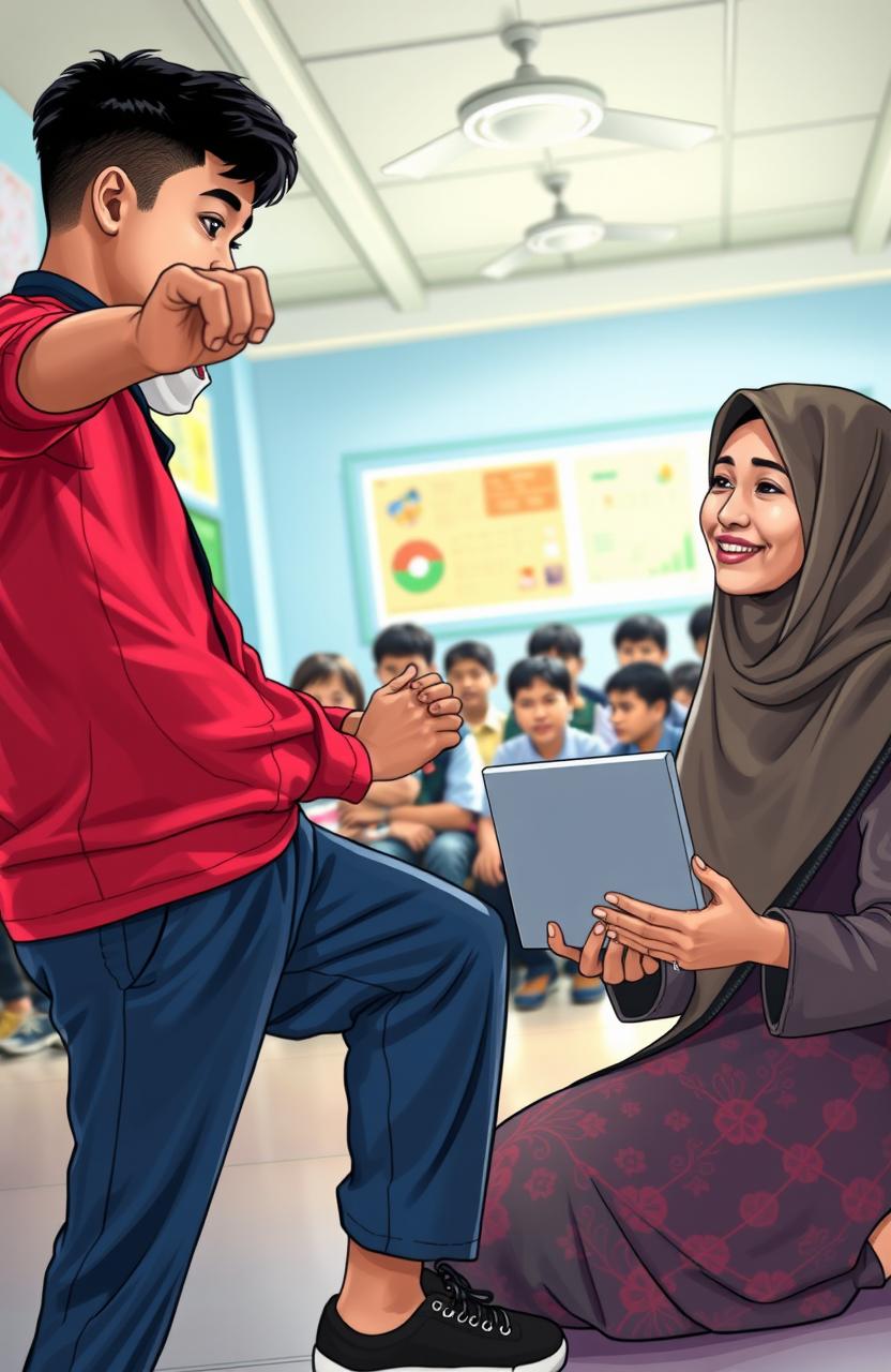 A vibrant scene depicting Raga Fadilla Perwira and Verliya Noer Rahma in a school setting where Raga is actively engaged in a pencak silat practice, demonstrating his athleticism and determination