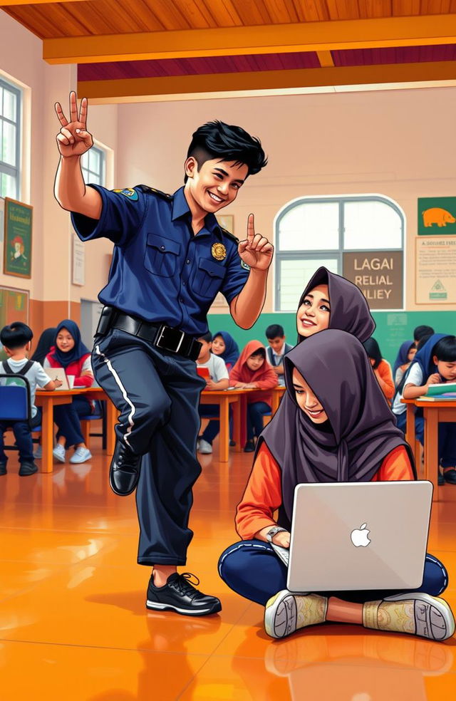 A vibrant scene depicting Raga Fadilla Perwira and Verliya Noer Rahma in a school setting where Raga is actively engaged in a pencak silat practice, demonstrating his athleticism and determination