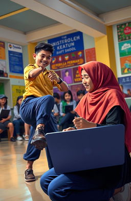 A vibrant scene depicting Raga Fadilla Perwira and Verliya Noer Rahma in a school setting where Raga is actively engaged in a pencak silat practice, demonstrating his athleticism and determination