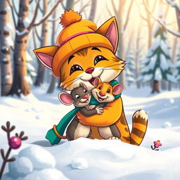 A cartoonish scene in a beautiful winter forest, featuring a cheerful, brightly dressed cat wearing a hat and scarf