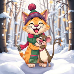 A cartoonish scene in a beautiful winter forest, featuring a cheerful, brightly dressed cat wearing a hat and scarf