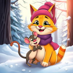 A cartoonish scene in a beautiful winter forest, featuring a cheerful, brightly dressed cat wearing a hat and scarf