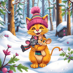 A cartoonish scene in a beautiful winter forest, featuring a cheerful, brightly dressed cat wearing a hat and scarf