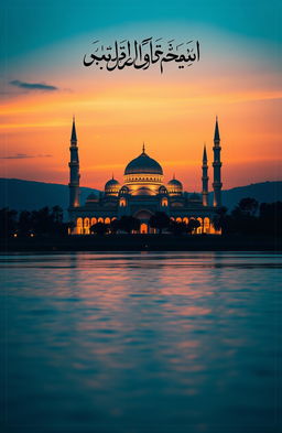 A beautiful book cover design featuring a majestic masjid (mosque) in a serene landscape