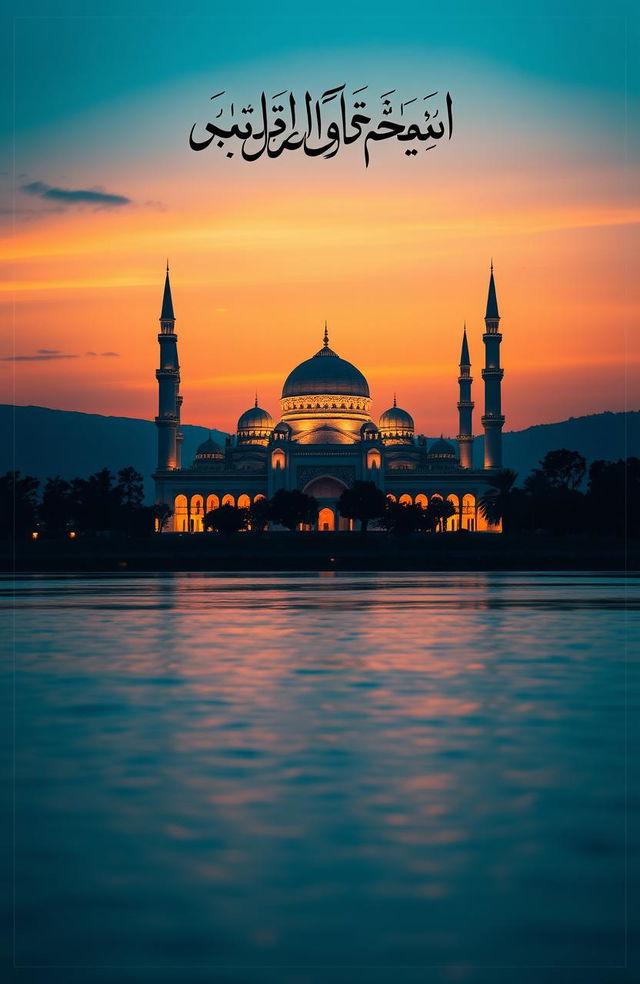 A beautiful book cover design featuring a majestic masjid (mosque) in a serene landscape