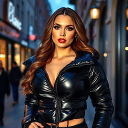 A glamorous young woman in a tight, shiny black puffer jacket that showcases her voluptuous silhouette, particularly emphasizing her big bust