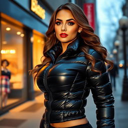 A glamorous young woman in a tight, shiny black puffer jacket that showcases her voluptuous silhouette, particularly emphasizing her big bust