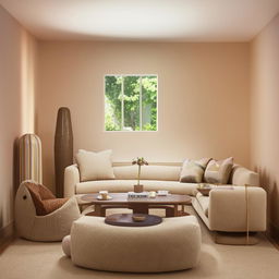 A 12x13 feet living room with modern decor, comfortable seating arrangements, stylish coffee table at the center, warm lighting, and soft-colored walls.