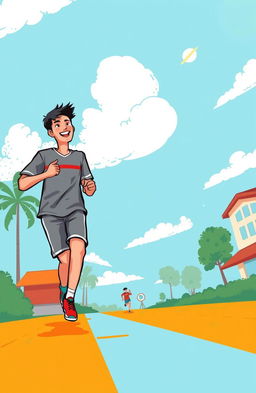 A vibrant and dynamic illustration depicting Raga Fadilla Perwira, an active and charismatic young man engaged in activities like pencak silat, OSIS, and paskibraka