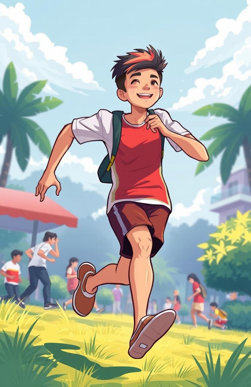 A vibrant and dynamic illustration depicting Raga Fadilla Perwira, an active and charismatic young man engaged in activities like pencak silat, OSIS, and paskibraka