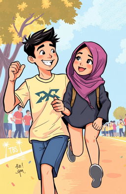 A vibrant and dynamic illustration depicting Raga Fadilla Perwira, an active and charismatic young man engaged in activities like pencak silat, OSIS, and paskibraka