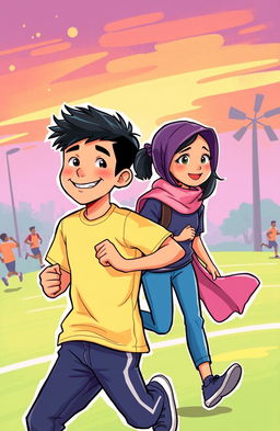 A vibrant and dynamic illustration depicting Raga Fadilla Perwira, an active and charismatic young man engaged in activities like pencak silat, OSIS, and paskibraka