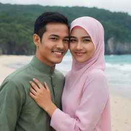 An Indonesian young man lovingly embracing a beautiful hijab-clad girl, with a beach setting in the backdrop.