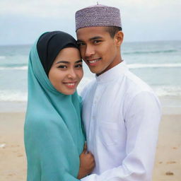 An Indonesian young man lovingly embracing a beautiful hijab-clad girl, with a beach setting in the backdrop.