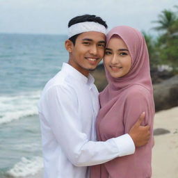 An Indonesian young man lovingly embracing a beautiful hijab-clad girl, with a beach setting in the backdrop.