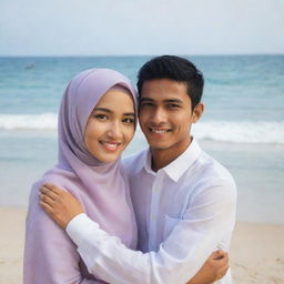 An Indonesian young man lovingly embracing a beautiful hijab-clad girl, with a beach setting in the backdrop.