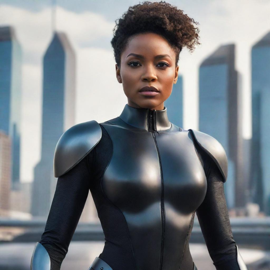 A powerful and inspiring black female character, dressed in futuristic attire, standing confidently against a sci-fi cityscape.