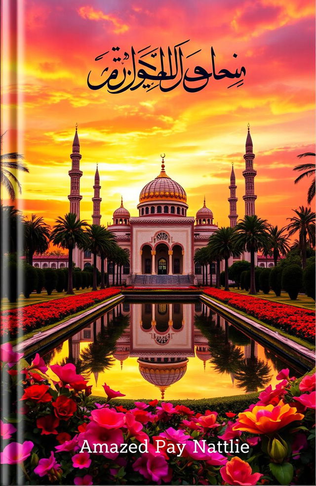 A beautifully designed book cover featuring a majestic mosque at sunset, surrounded by lush gardens and palm trees