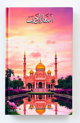 A beautifully designed book cover featuring a majestic mosque at sunset, surrounded by lush gardens and palm trees