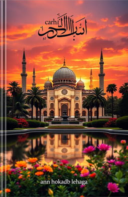 A beautifully designed book cover featuring a majestic mosque at sunset, surrounded by lush gardens and palm trees