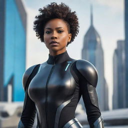 A powerful and inspiring black female character, dressed in futuristic attire, standing confidently against a sci-fi cityscape.