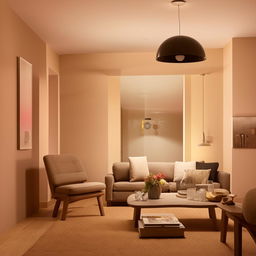 A 12x13 feet living room with modern decor, comfortable seating arrangements, stylish coffee table at the center, warm lighting, and soft-colored walls.