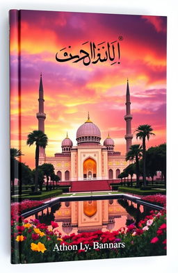 A beautifully designed book cover featuring a majestic mosque at sunset, surrounded by lush gardens and palm trees