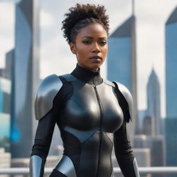 A powerful and inspiring black female character, dressed in futuristic attire, standing confidently against a sci-fi cityscape.