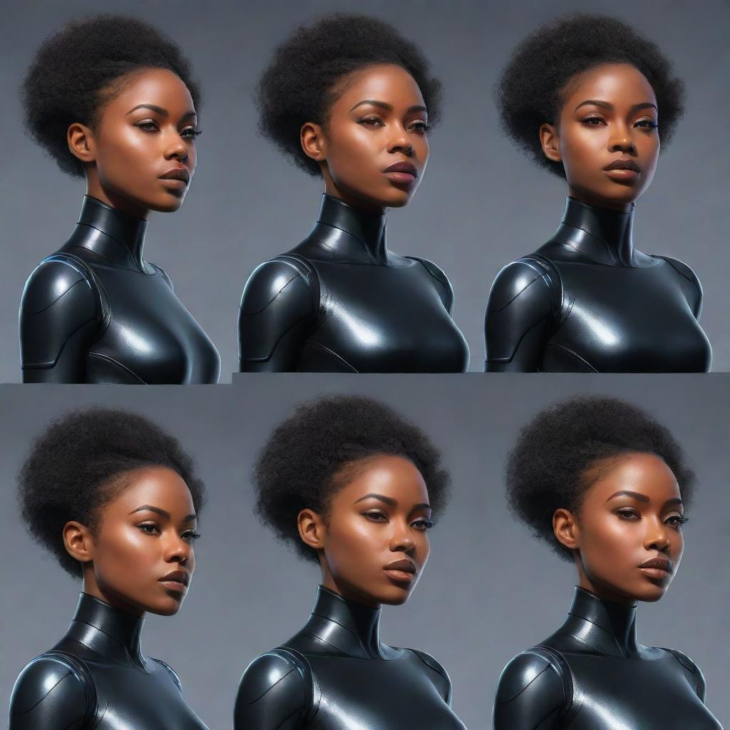 The same powerful and inspiring black female character in futuristic attire, illustrated from multiple angles and perspectives; including front, side, three-quarter, and top-down views.