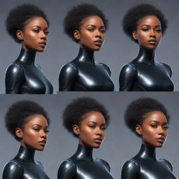 The same powerful and inspiring black female character in futuristic attire, illustrated from multiple angles and perspectives; including front, side, three-quarter, and top-down views.