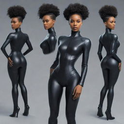 The same powerful and inspiring black female character in futuristic attire, illustrated from multiple angles and perspectives; including front, side, three-quarter, and top-down views.