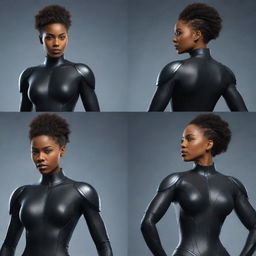 The same powerful and inspiring black female character in futuristic attire, illustrated from multiple angles and perspectives; including front, side, three-quarter, and top-down views.