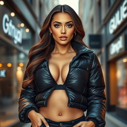 A stunning young woman posing confidently in a tight, shiny black puffer jacket that accentuates her voluptuous figure, particularly highlighting her big bust