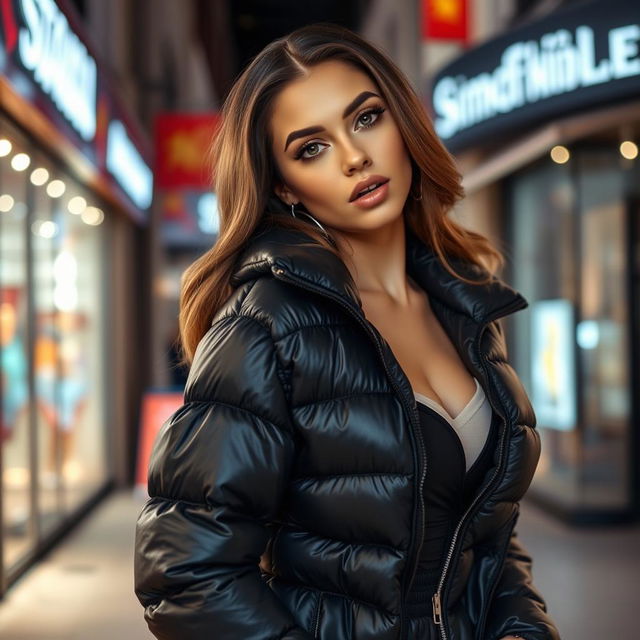 A stunning young woman posing confidently in a tight, shiny black puffer jacket that accentuates her voluptuous figure, particularly highlighting her big bust