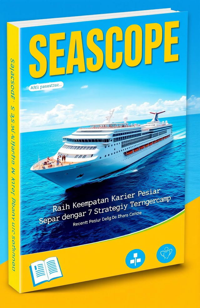 A captivating ebook cover design for Seascope, featuring a vibrant cruise ship sailing on crystal blue waters under a sunny sky