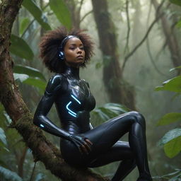 The powerful and inspiring black female character in futuristic attire, now perched on a branch high in a lush jungle tree, peering through a futuristic device at her distant target.