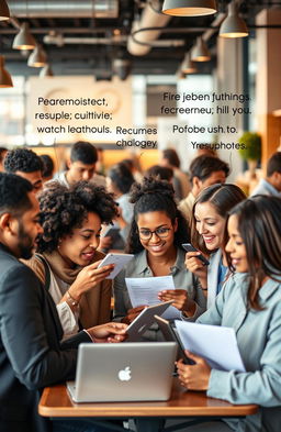 An inspiring and motivational scene depicting a diverse group of individuals in a modern urban environment, showcasing them actively engaging in networking and job-seeking activities
