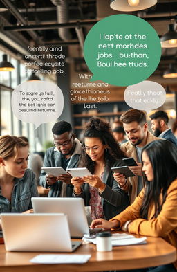 An inspiring and motivational scene depicting a diverse group of individuals in a modern urban environment, showcasing them actively engaging in networking and job-seeking activities