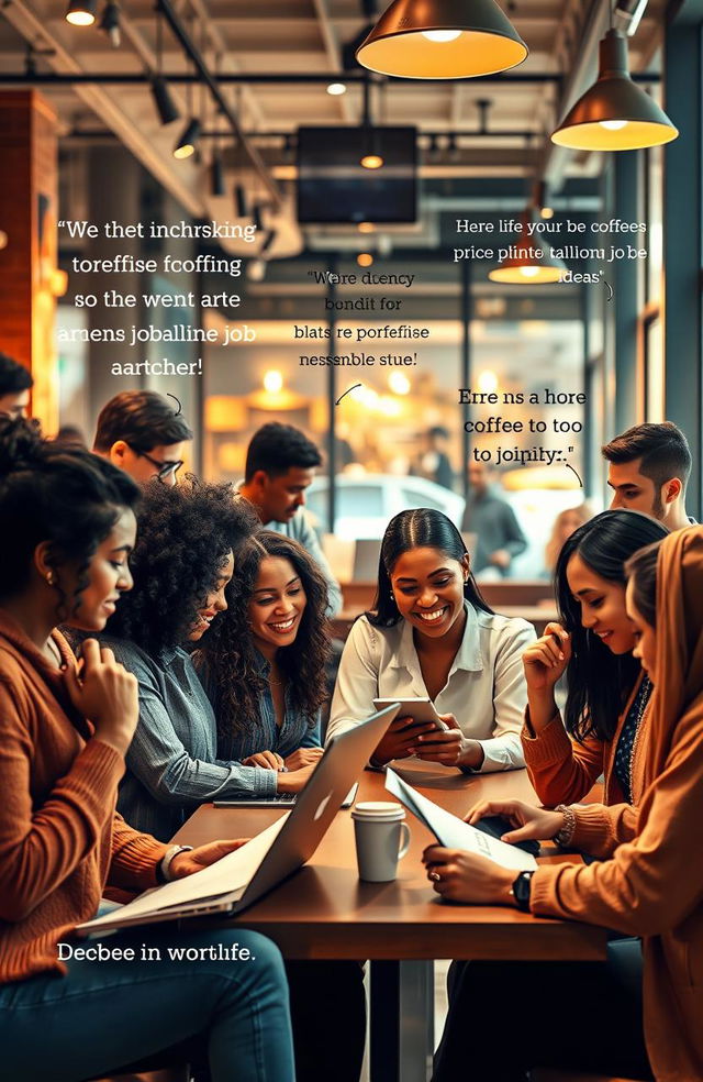 An inspiring and motivational scene depicting a diverse group of individuals in a modern urban environment, showcasing them actively engaging in networking and job-seeking activities