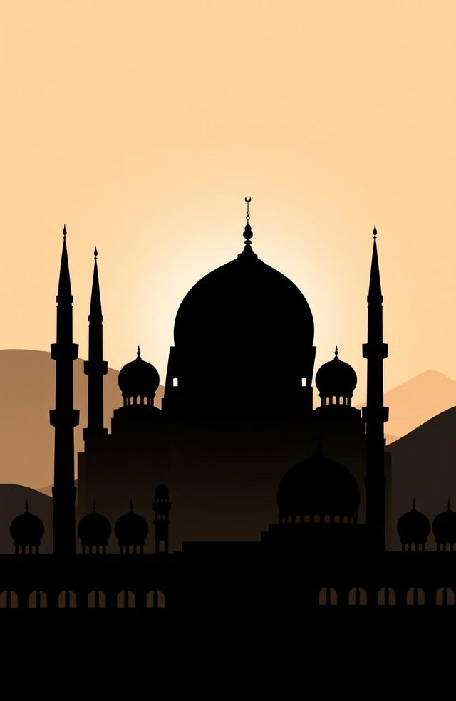 A stunning book cover featuring a pure black mosque silhouette, showcasing elegant architectural elements like domes and minarets against a soft, gradient background transitioning from dark to light