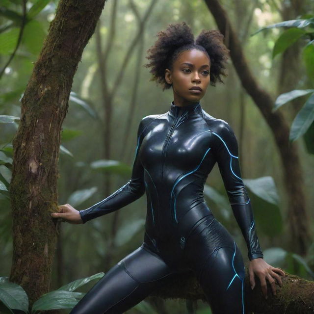 The powerful and inspiring black female character in futuristic attire, now perched on a branch high in a lush jungle tree, peering through a futuristic device at her distant target.