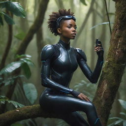 The powerful and inspiring black female character in futuristic attire, now perched on a branch high in a lush jungle tree, peering through a futuristic device at her distant target.