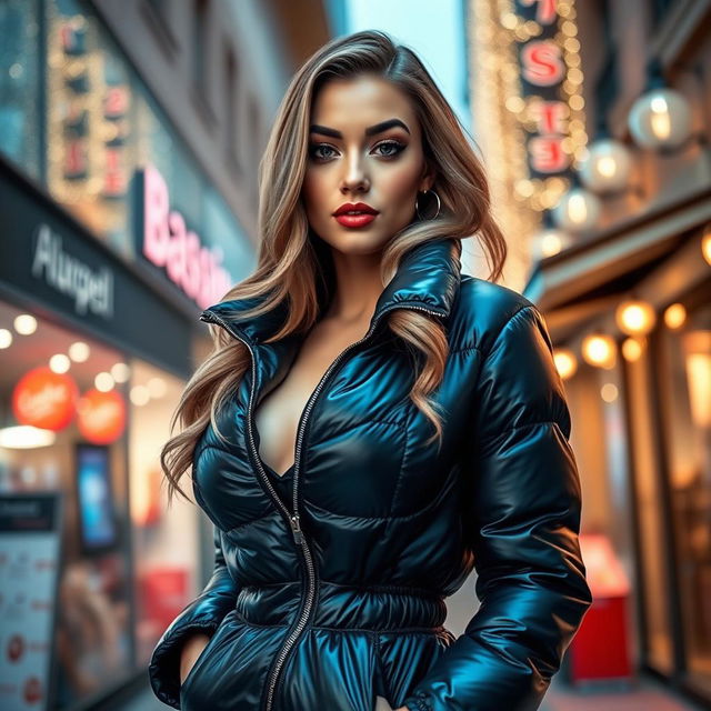 A stunning young woman confidently posing in a snug, shiny black puffer jacket that perfectly hugs her figure and accentuates her ample bust