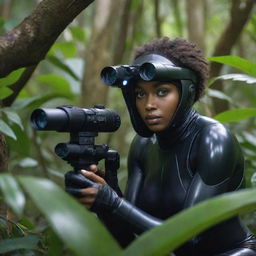 The black female character, dressed in futuristic attire, now stealthily nestled in the foliage of a jungle tree, using a high-tech scope to spy on her target, unnoticed.