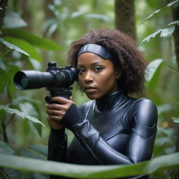 The black female character, dressed in futuristic attire, now stealthily nestled in the foliage of a jungle tree, using a high-tech scope to spy on her target, unnoticed.