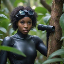 The black female character, dressed in futuristic attire, now stealthily nestled in the foliage of a jungle tree, using a high-tech scope to spy on her target, unnoticed.