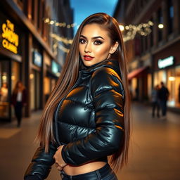 An attractive young woman confidently modeling a tight, shiny black puffer jacket that accentuates her curvy figure, particularly highlighting her big bust
