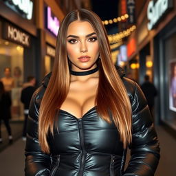 An attractive young woman confidently modeling a tight, shiny black puffer jacket that accentuates her curvy figure, particularly highlighting her big bust