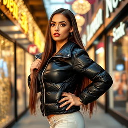 An attractive young woman confidently modeling a tight, shiny black puffer jacket that accentuates her curvy figure, particularly highlighting her big bust