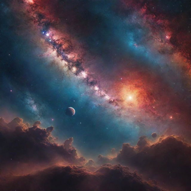 An atmospheric matte painting depicting an expansive universe; filled with nebulae, distant galaxies, unknown planets, and an intricate celestial body in vibrant colors.